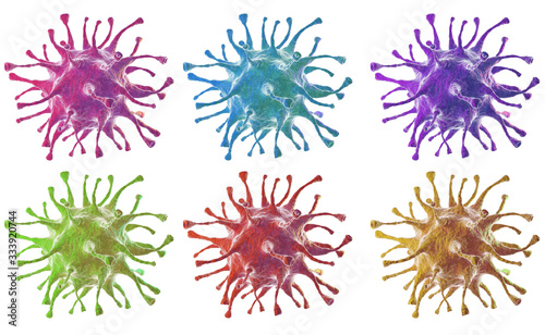 Isolate microscopic view of floating coronavirus virus cells on a white background.3D render.There is a clipping path.