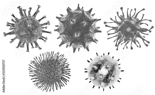 Isolate microscopic view of floating coronavirus virus cells on a white background.3D render.There is a clipping path.