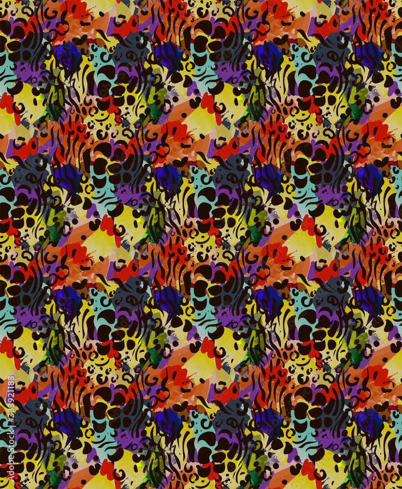 Bright leopard pattern with colored brush strokes, seamless vector Bright leopard pattern with colored brush strokes, seamless vector