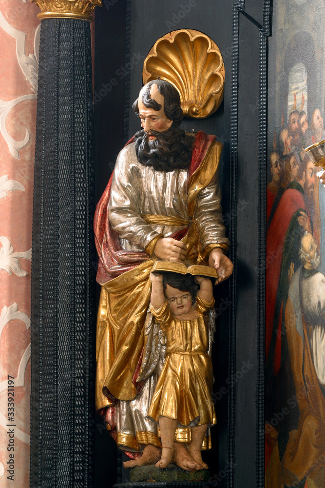Saint Matthew the Evangelist, statue on the altar of the Holy Spirit in the Church of Saint Catherine of Alexandria in Zagreb, Croatia