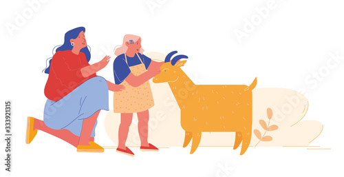 Mother and Daughter in Farm Outdoor Zoo. Mom with Little Girl Petting Goat, Spending Time with Domestic Animals. Happy Family Characters in Park at Countryside. Cartoon People Vector Illustration