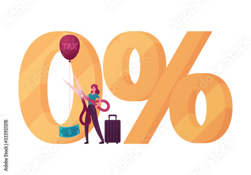 Tourist Female Character Stand at Huge Zero Percent Symbol Cutting with Scissors Balloon Rope with Tax Inscription and Dollar Bill. Tax Free and Duty Free Shopping Zone. Cartoon Vector Illustration