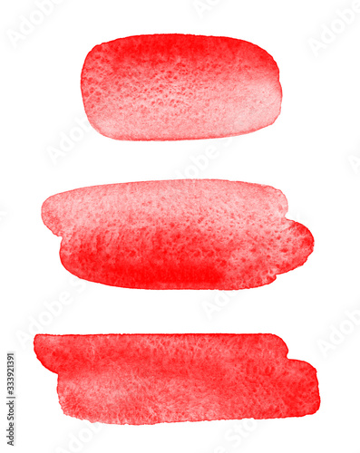 Scarlet, bloody red watercolor brush strokes, oval, rounded shapes, spots, smudges set. Watercolour gradient stains text banner, frame template. Elliptic painted background, aquarelle design element. 