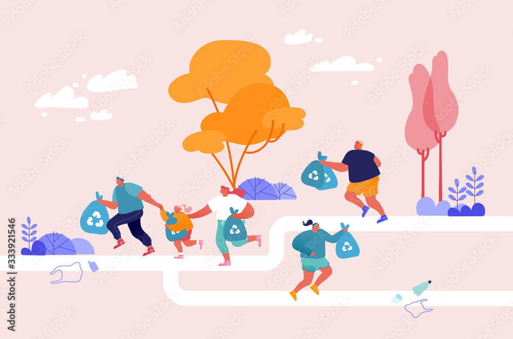 Healthy Lifestyle and Ecology Protection Concept. Active People Picking Up Litter During Plogging. Men, Woman and Kids Characters Run at Park Cleaning Environment. Cartoon People Vector Illustration