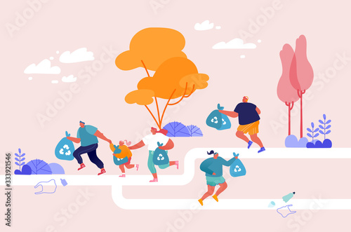 Healthy Lifestyle and Ecology Protection Concept. Active People Picking Up Litter During Plogging. Men, Woman and Kids Characters Run at Park Cleaning Environment. Cartoon People Vector Illustration © wooster