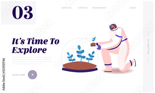 Mars Colonization, Universe, Outer Cosmos Exploration Landing Page Template. Male Astronaut Character in Space Suit Plant Green Sprout to Soil under Glass Dome on Planet. Cartoon Vector Illustration