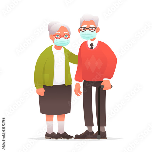 Elderly couple in protective medical masks. Grandparents against coronavirus. Grandmother and grandfather protected against virus or air pollution.