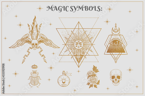Vector witch and Magic Collection with: eyes, moon, sun, fire, scarab, skull, flowers, glass jar, wings. set of mystical tattoos