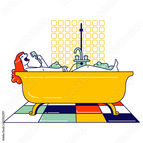 Young Woman Relaxing and Singing in Bath with Bubbles in Spa Hotel or Home. Happy Female Character Hygiene Beauty Procedure. Girl Washing Body Sitting in Foamy Bath Tube. Linear Vector Illustration