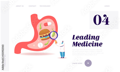 Helicobacter Disease or Gastritis Landing Page Template. Male Doctor Character with Huge Magnifying Glass Learning Sick Stomach. Gastroenterology Medicine and Healthcare. Cartoon Vector Illustration