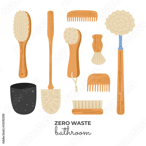 Set of bathroom cleaning brushes, comb, toothbrush zero waste. Natural, wooden, organic, ecology objects. Vector isolated illustration.