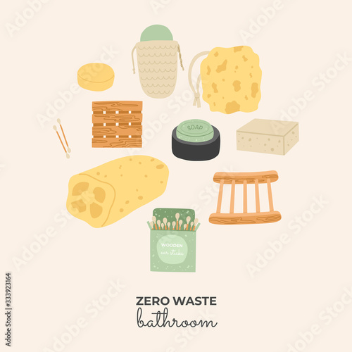 Set items zero waste for the bathroom. Washcloth, soap, ear sticks. Vector illustrations