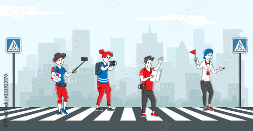 Group of Foreign Tourists Crossing City Street by Crosswalk with Guide Holding Flag. Male and Female Characters with Luggage and Photo Cameras Traveling Abroad. Linear People Vector Illustration