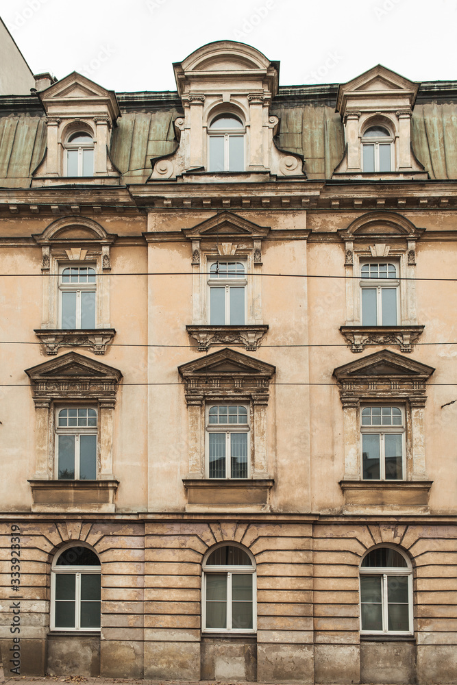 Budapest, Hungary 2019.  The front facade of building in historical place of Budapest, Hungary. Architecture city travel concept. Neutral colors.
