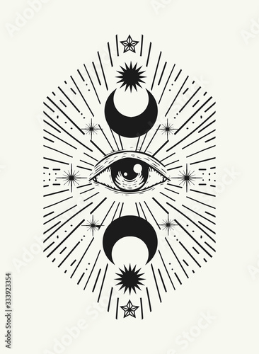 eye tattoo with moon, stars and rays diverging into different turns