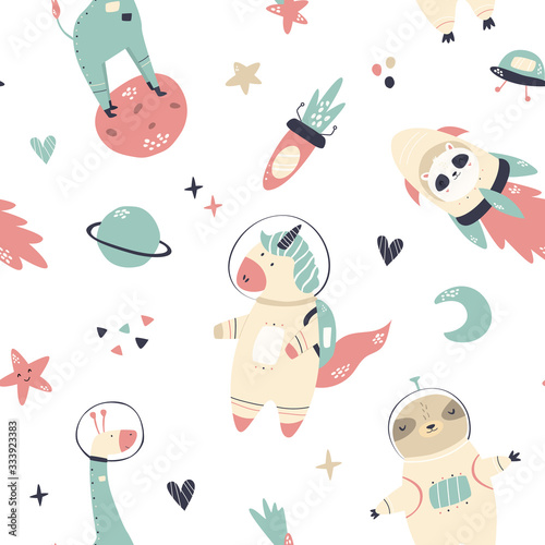 Seamless pattern with animals and space elements