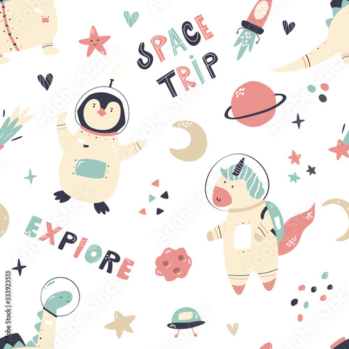 Seamless pattern with animals and space elements