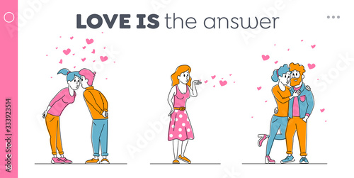 Love Relation Landing Page Template. Happy Loving Couple Kissing. Man and Woman Characters Spend Time Hugging and Rejoice with Hearts around. Girl Send Air Kiss, Linear People Vector Illustration