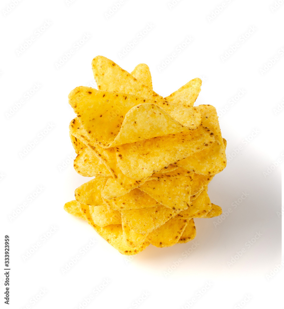 Naklejka premium Corn Chips, Nachos Chips, Maize Snack, Corn Crisps or Totopos