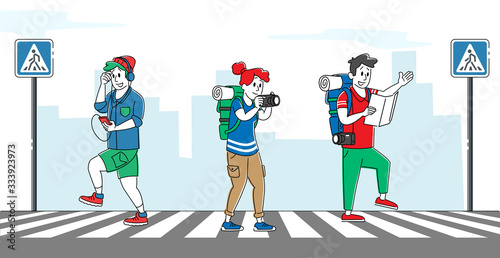 Relaxed Pedestrian Characters Crossing Road with Zebra and Traffic Lights. Hipster Listen Music by Smartphone Walking by Crosswalk, Backpackers Watch Map, City Life. Linear People Vector Illustration