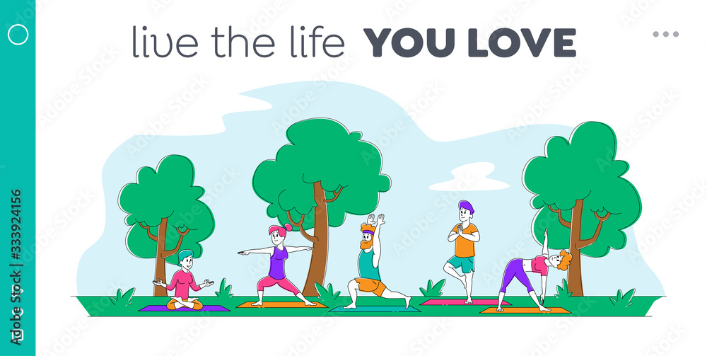 Characters Outdoor Yoga Activity Landing Page Template. People Doing Sports Exercises in Park. Fitness, Workout in Different Poses, Stretching, Healthy Lifestyle, Leisure. Linear Vector Illustration