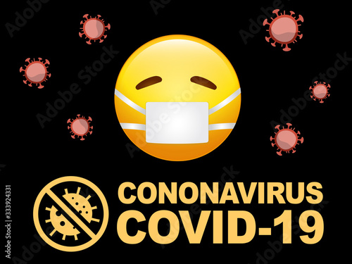 Yellow sick face emoji icon with mask and coronavirus word