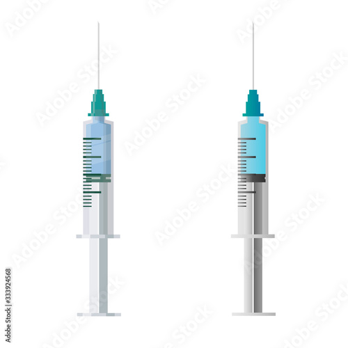 A set of syringes with different fluids and medications. Syringe icons in flat style with blue medicine.