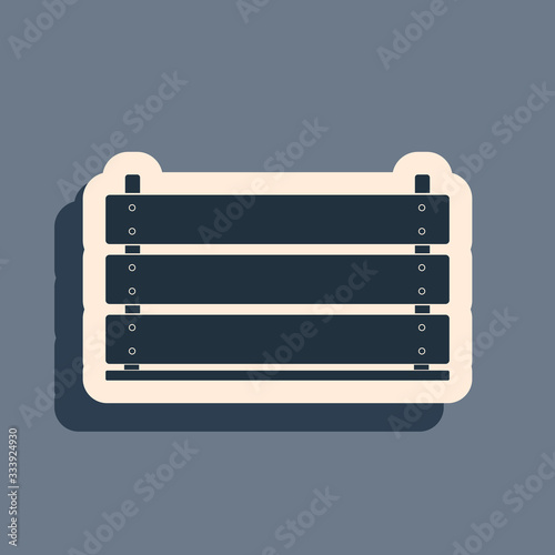 Black Wooden box icon isolated on grey background. Grocery basket, storehouse crate. Empty wooden container for vegetables, products. Long shadow style. Vector Illustration