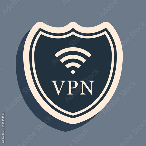 Black Shield with VPN and WiFi wireless internet network symbol icon on grey background. VPN protect safety concept. Virtual private network for security. Long shadow style. Vector Illustration