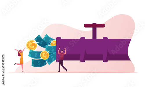 People Create Finance Capital, Wealth and Investment, Money Flow Concept. Tiny Male and Female Characters Open Huge Pipe with Dollar Bills and Golden Coins Streaming Out. Cartoon Vector Illustration