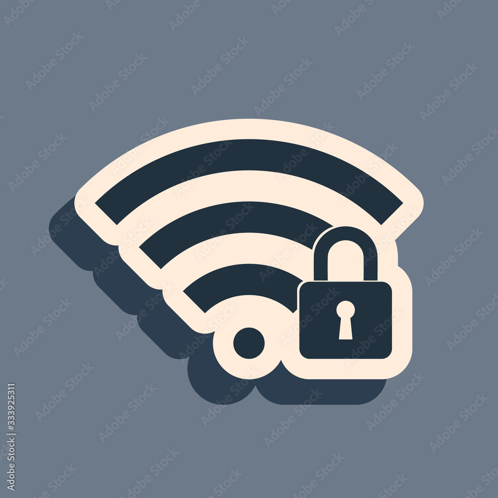 Black Wifi locked icon isolated on grey background. Password Wi-fi symbol. Wireless Network icon. Wifi zone. Long shadow style. Vector Illustration Black Wifi locked icon isolated on grey background. Password Wi-fi symbol. Wireless Network icon. Wifi zone. Long shadow style. Vector Illustration