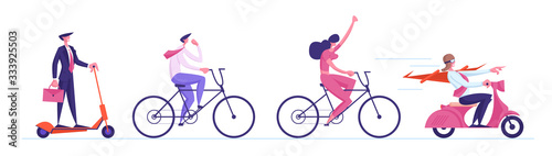 Business Characters Riding Eco Transport Scooters, and Bikes Following Businessman Leader in Red Cloak Driving Moped. Office Managers Race Challenge, Leadership. Cartoon People Vector Illustration