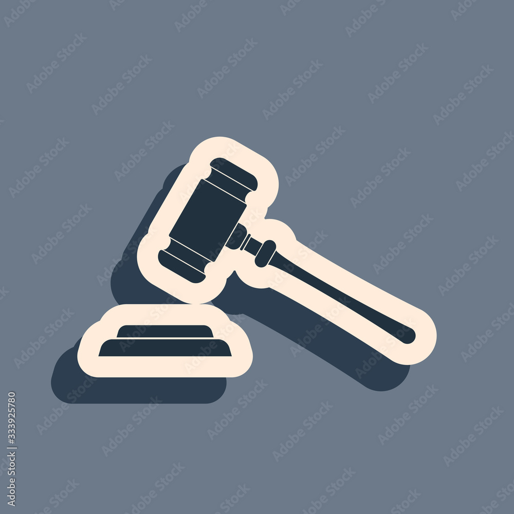 Black Judge gavel icon isolated on grey background. Gavel for adjudication of sentences and bills, court, justice, with a stand. Auction hammer symbol. Long shadow style. Vector Illustration Black Judge gavel icon isolated on grey background. Gavel for adjudication of sentences and bills, court, justice, with a stand. Auction hammer symbol. Long shadow style. Vector Illustration