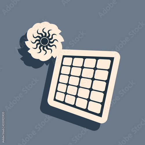 Black Solar energy panel and sun icon isolated on grey background. Long shadow style. Vector Illustration