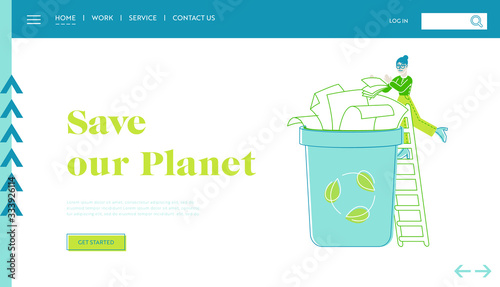 Ecology Protection, Earth Pollution Landing Page Template. Female Character Throw Paper Trash into Recycling Litter Bin Container. Woman Eco Activist, Waste Reuse Solution. Linear Vector Illustration