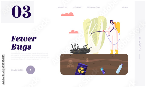 Vegetable Grow in Garden with Polluted Toxic Soil Landing Page Template. Female Character in Protective Suit and Mask Spray Insecticide on Huge Plant on Poisonous Land. Cartoon Vector Illustration