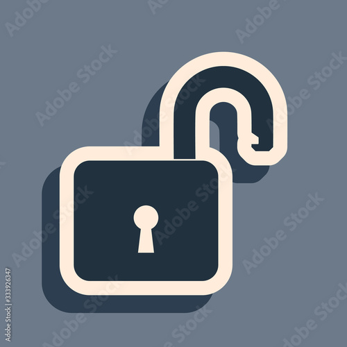 Black Open padlock icon isolated on grey background. Opened lock sign. Cyber security concept. Digital data protection. Safety safety. Long shadow style. Vector Illustration
