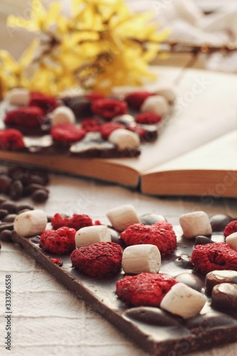 Obraz na płótnie Crafted handmade chocolate bar with marshmallow and berries, coffee beans and good book, detailed close up w salonie
