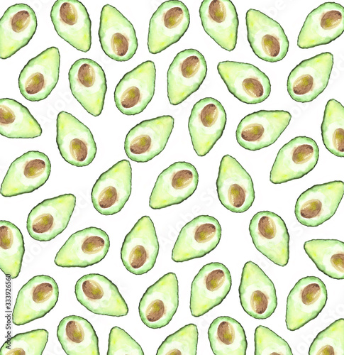avocado set, watercolor illustration of halved and sliced avocado. Isolated illustration for recipe, cookbook design