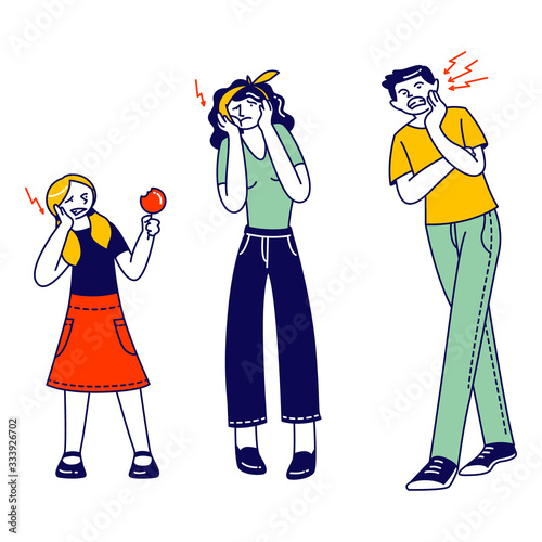Male and Female Characters Suffering of Toothache. Man Woman and Little Girl with Lollipop Holding Cheek Feeling Terrible Pain in Tooth or Gum. Caries in Oral Cavity. Linear People Vector Illustration