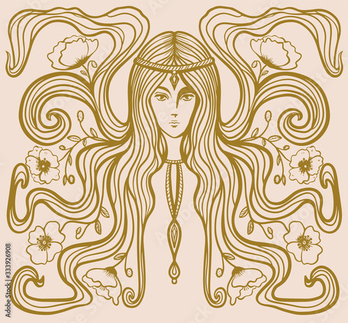 girl with poppies in her hair in art nouveau style with, hippie girl
