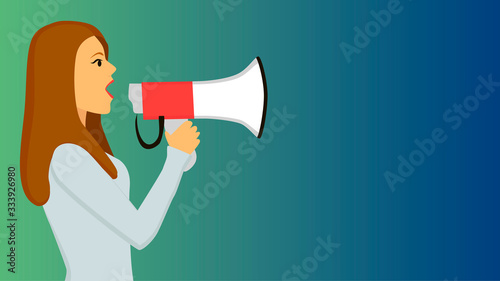Young woman girl with megaphone. Girl with loudspeaker. Lady announcing discount or sale. Promoter advertising using a speaker.