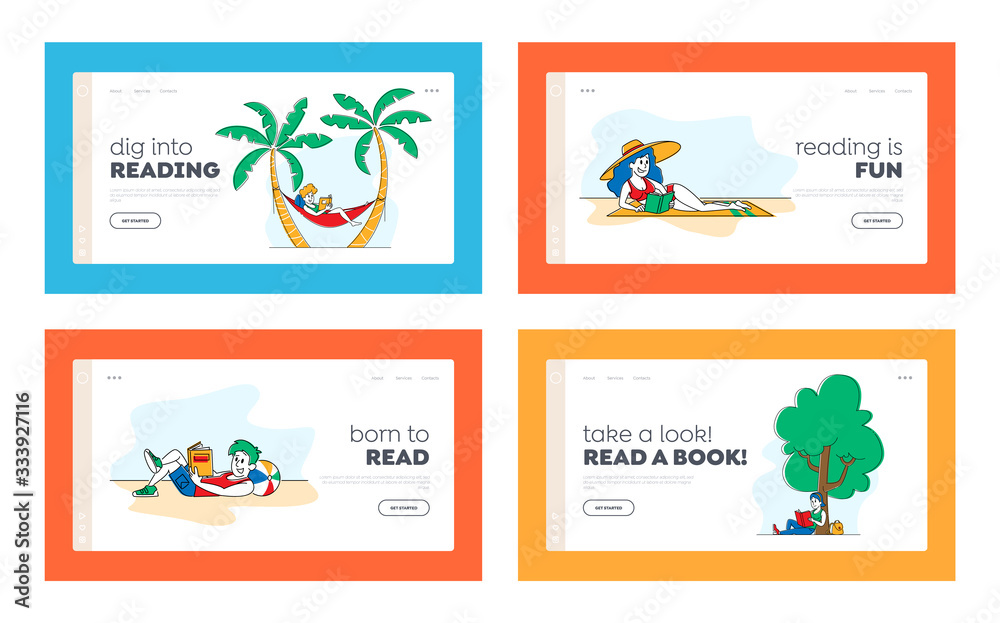 People Reading Books Outdoor Landing Page Template Set. Happy Male and Female Characters Sparetime. Men and Women Spending Time Relaxing and Read Literature Open Air. Linear Vector Illustration