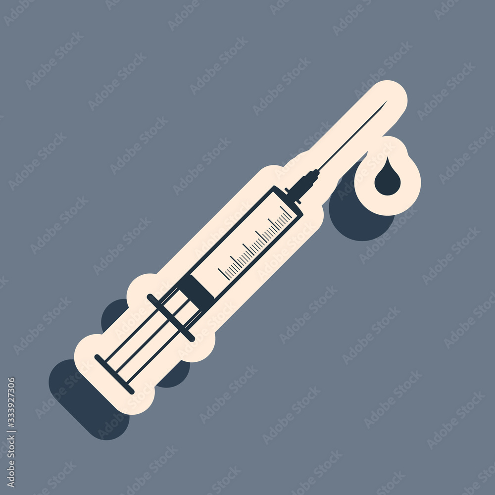 Black Medical syringe with needle and drop icon isolated on grey background. Syringe sign for vaccine, vaccination, injection, flu shot. Long shadow style. Vector Illustration Black Medical syringe with needle and drop icon isolated on grey background. Syringe sign for vaccine, vaccination, injection, flu shot. Long shadow style. Vector Illustration