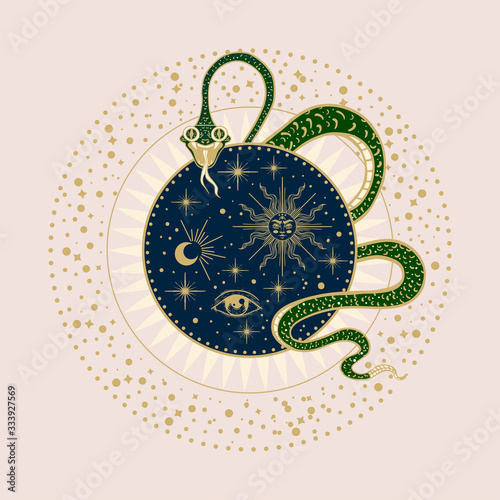 magic vector illustration with a snake, sun, moon, eye, stars, tarot cards
