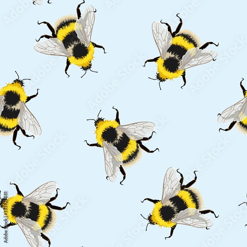 Bee seamless pattern in blue background. Illustration of sketched flying bees.