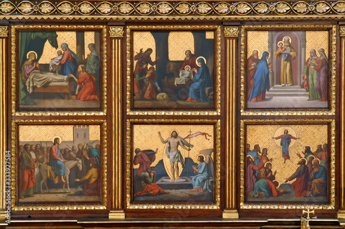 Scenes from the life of Mary and Jesus, detail of Iconostasis in Greek Catholic Co-cathedral of Saints Cyril and Methodius in Zagreb, Croatia