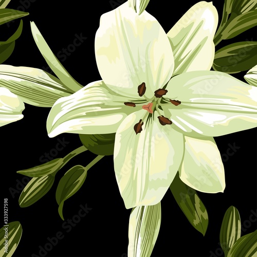 Beautiful white lilies flowers. Seamless pattern on black background.