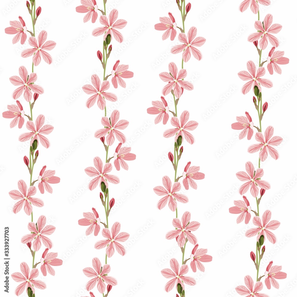 Seamless pattern with stylized bright summer wild garden flowers. Endless vertical texture. Pink and green colors.