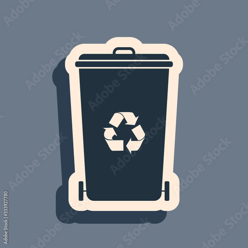 Black Recycle bin with recycle symbol icon isolated on grey background. Trash can icon. Garbage bin sign. Recycle basket icon. Long shadow style. Vector Illustration